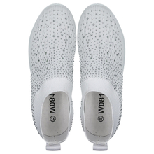 White thick soled travel shoes with one foot on rhinestone mesh women's shoes flying woven socks sports and leisure shoes soft soles all year round