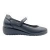 New black versatile women's shoes with leather wedge heels featuring a single button and round toe design with an increased height inside