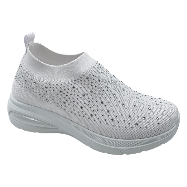 White thick soled travel shoes with one foot on rhinestone mesh women's shoes flying woven socks sports and leisure shoes soft soles all year round