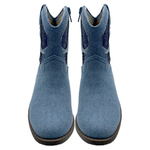 Children's shoes Western cowboy boots V-neck short tube embroidered knight boots Women's blue mesh red thick heel genuine leather Martin boots