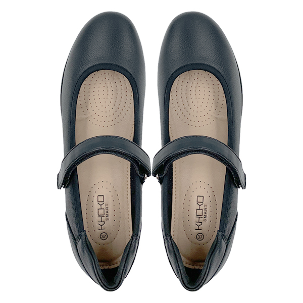 New black versatile women's shoes with leather wedge heels featuring a single button and round toe design with an increased height inside