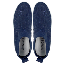 Navy blue thick soled travel shoes with one foot on rhinestone mesh women's shoes flying woven socks sports and leisure shoes soft soles all year round